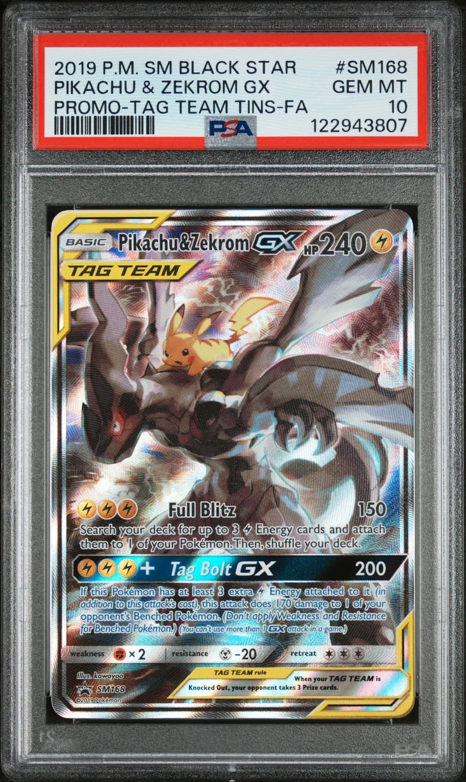 2019 POKEMON SM BLACK STAR PROMO #SM168 FULL ART/PIKACHU & ZEKROM GX PSA 10