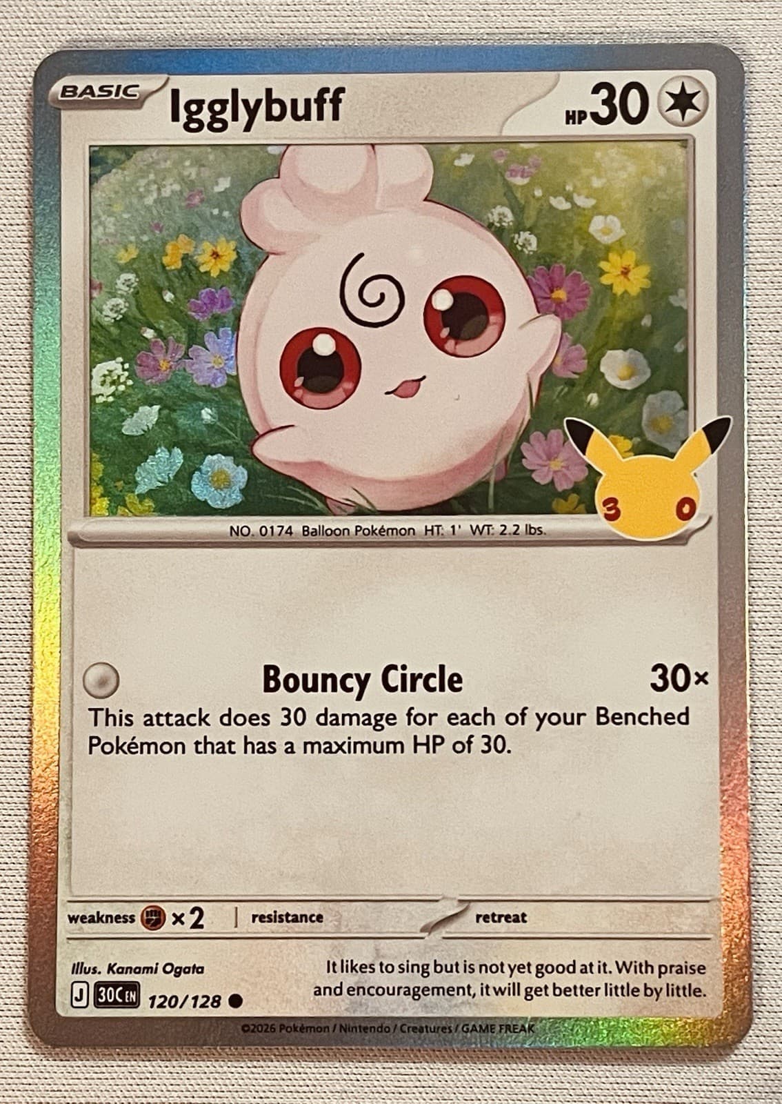 Igglybuff 120/128 Holo Pokémon 30th Celebration 2026 Pikachu Stamp