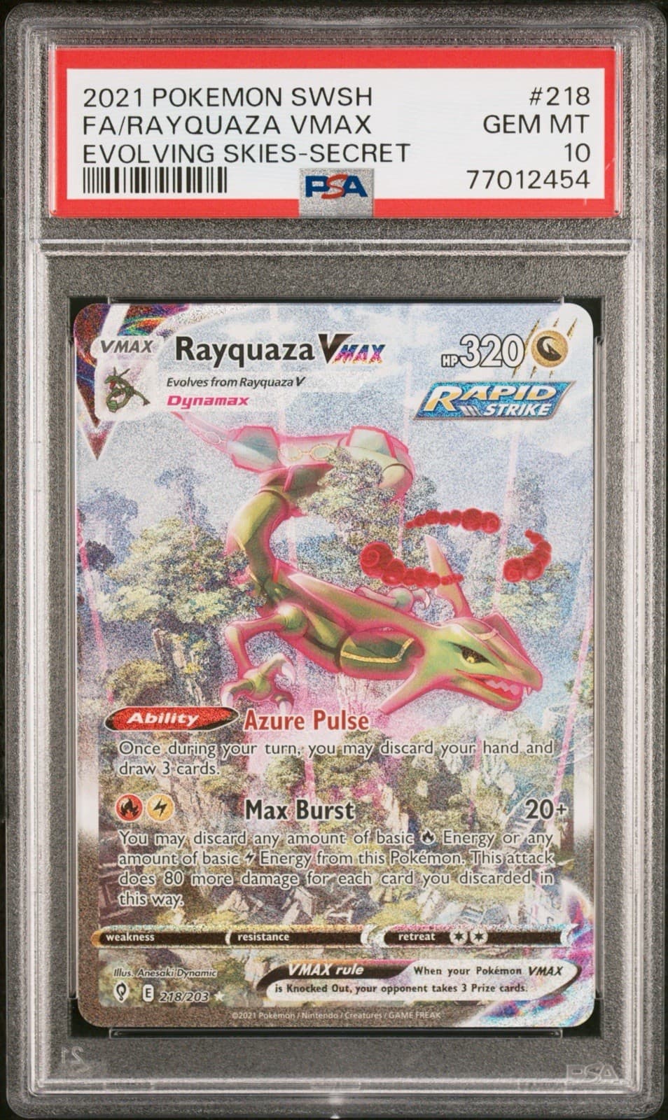 2021 POKEMON SWORD & SHIELD EVOLVING SKIES #218 FA/RAYQUAZA VMAX SECRET PSA 10