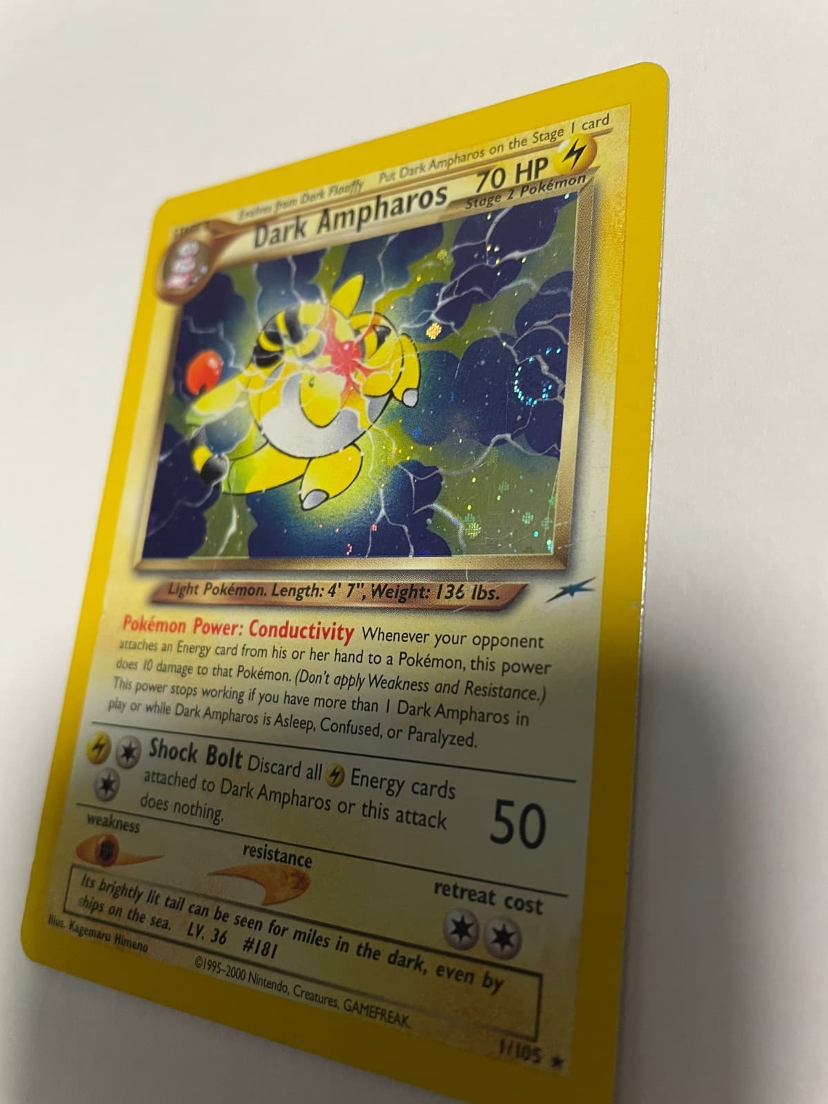Dark Ampharos SWIRL 1/105 Neo Destiny Holo Pokemon Card Unlimited WOTC Era 2002