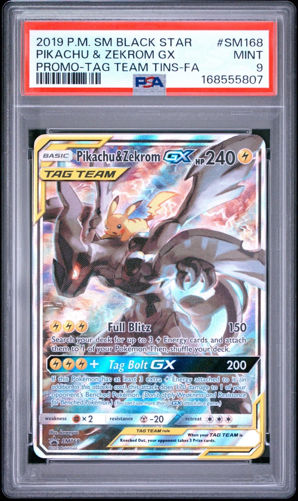2019 POKEMON SM BLACK STAR PROMO #SM168 FULL ART/PIKACHU & ZEKROM GX PSA 9
