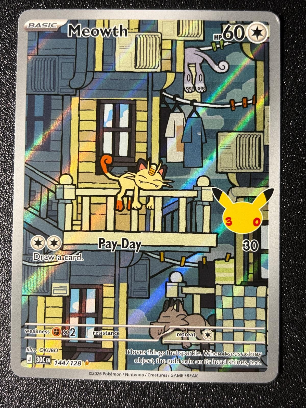 Meowth 144/128 Holo Illustration Rare ME: 30th Celebration Pokemon Near Mint