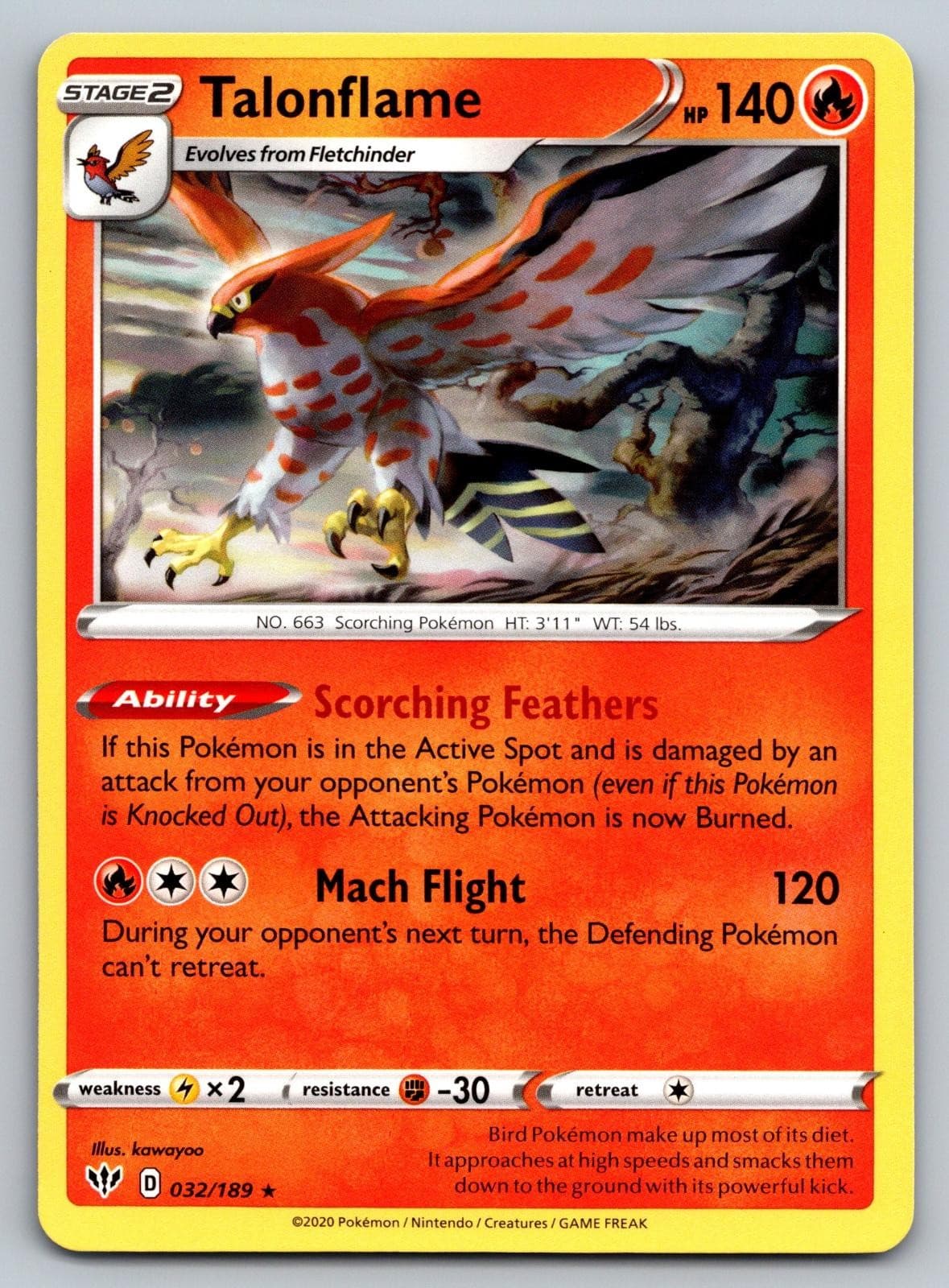 Talonflame 032/189 Rare Darkness Ablaze Pokemon Near Mint