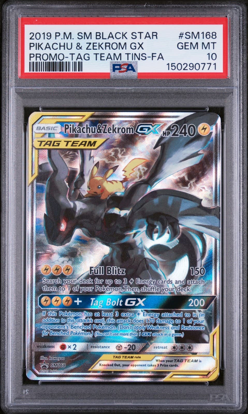 2019 POKEMON SM BLACK STAR PROMO #SM168 FULL ART/PIKACHU & ZEKROM GX PSA 10