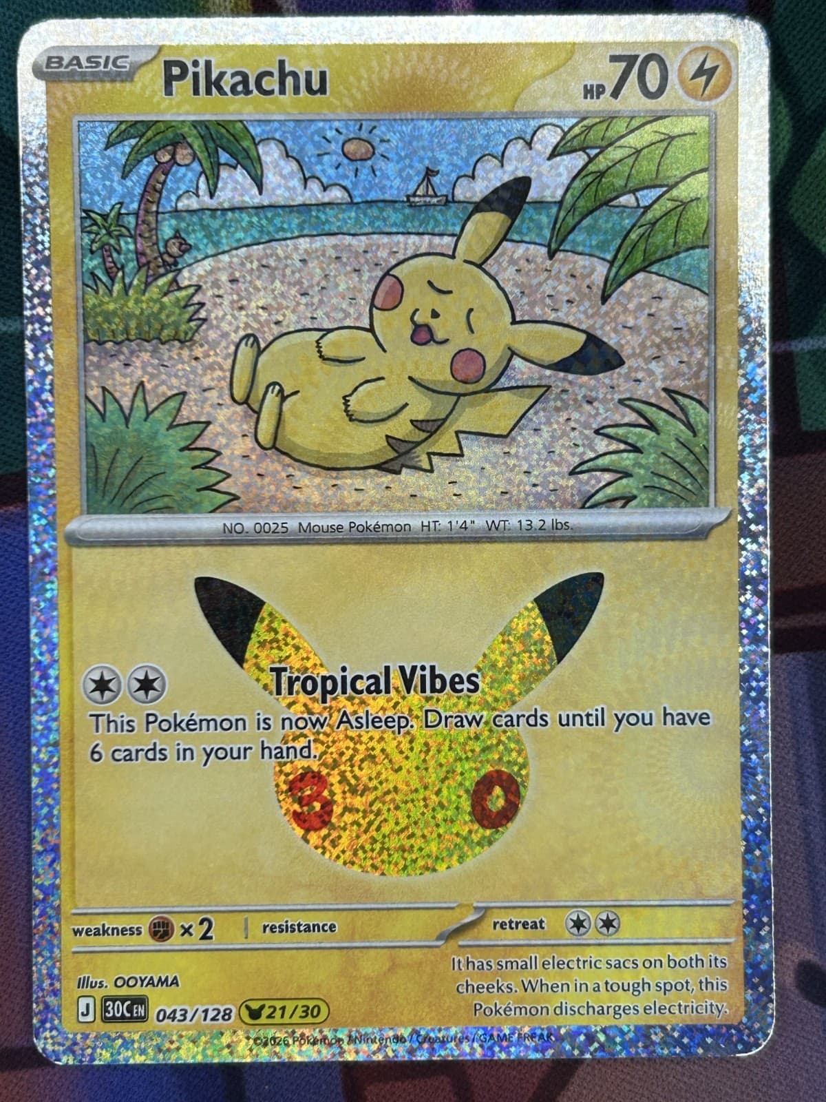 Pokemon TCG Pikachu 43/128 30th Celebration Pikachu Holo 21/30 NM