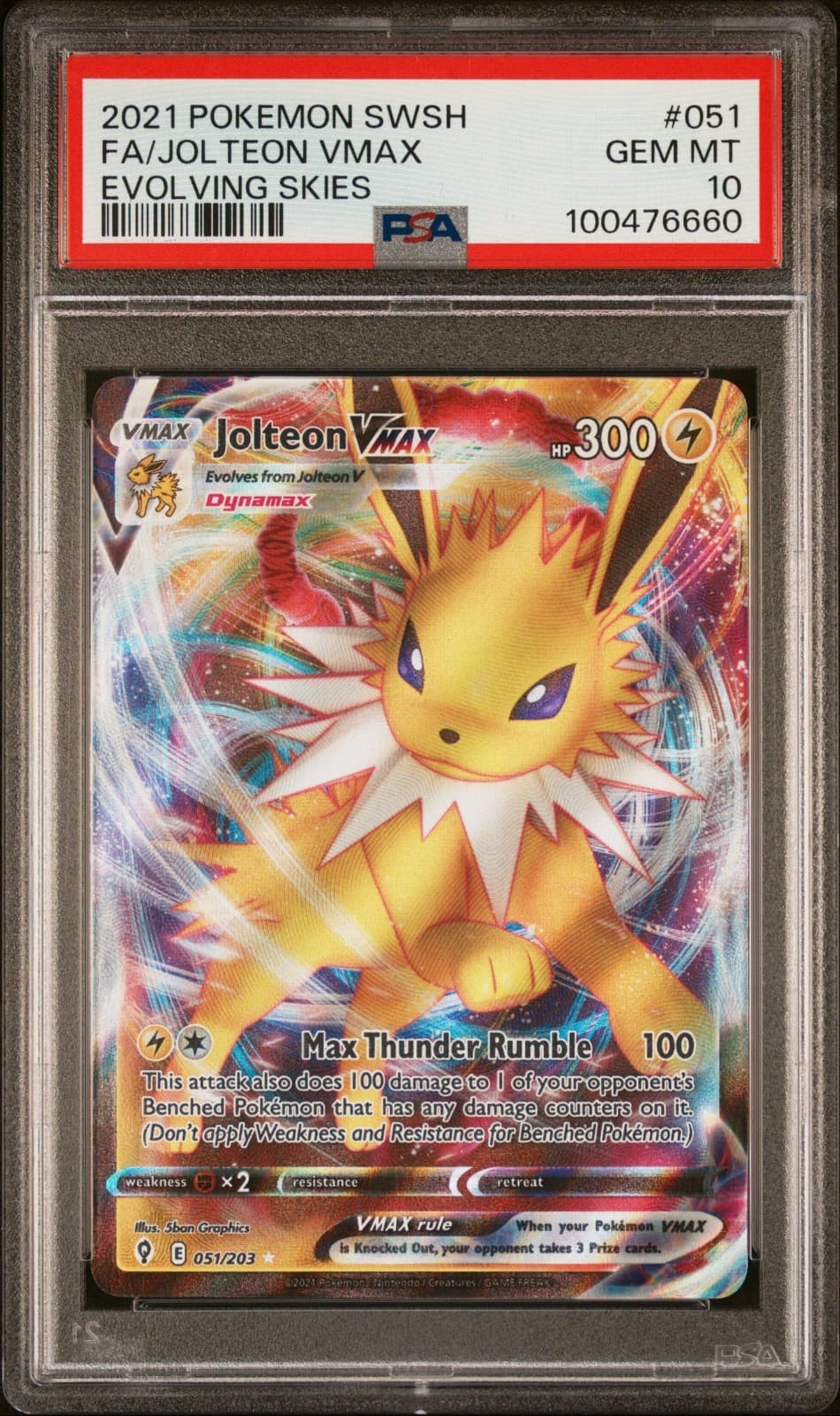 Pokémon Jolteon VMAX 051/203 SWSH07: 2021 Evolving Skies Holo PSA 10