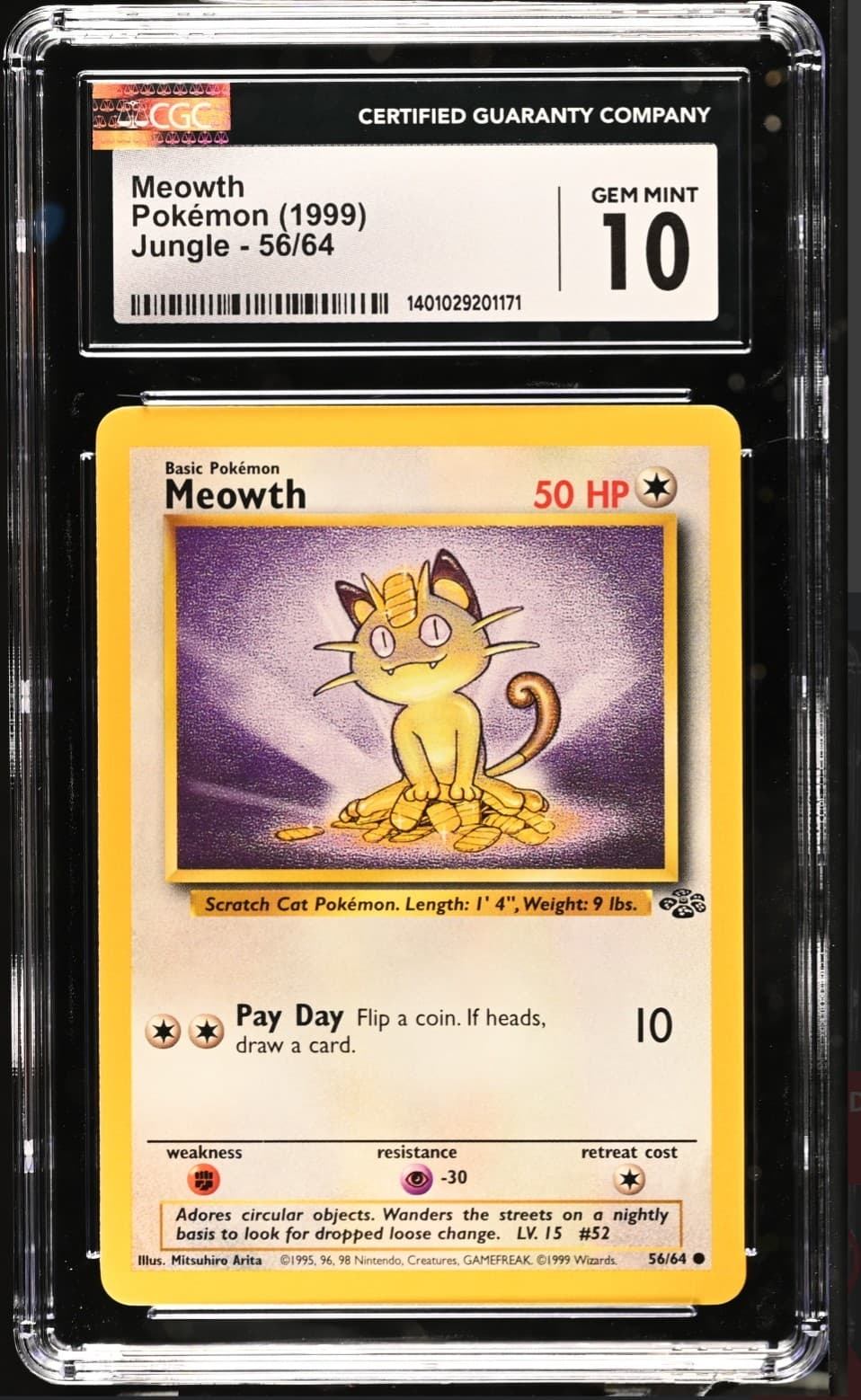 CGC 10 Gem Mint Meowth 56/64 1999 Pokemon Jungle Unlimited