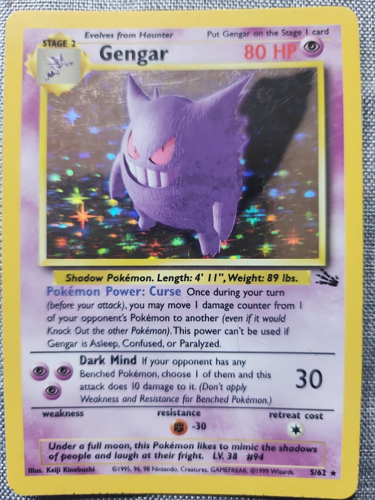 Gengar 5/62 Fossil Holo LP Lightly Played Pokemon