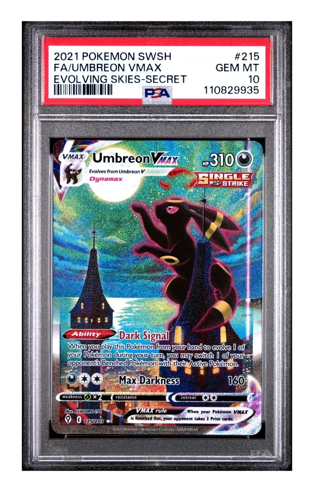 PSA 10 GEM MINT Umbreon VMAX 215/203 Alt Art Evolving Skies Pokemon - Moonbreon