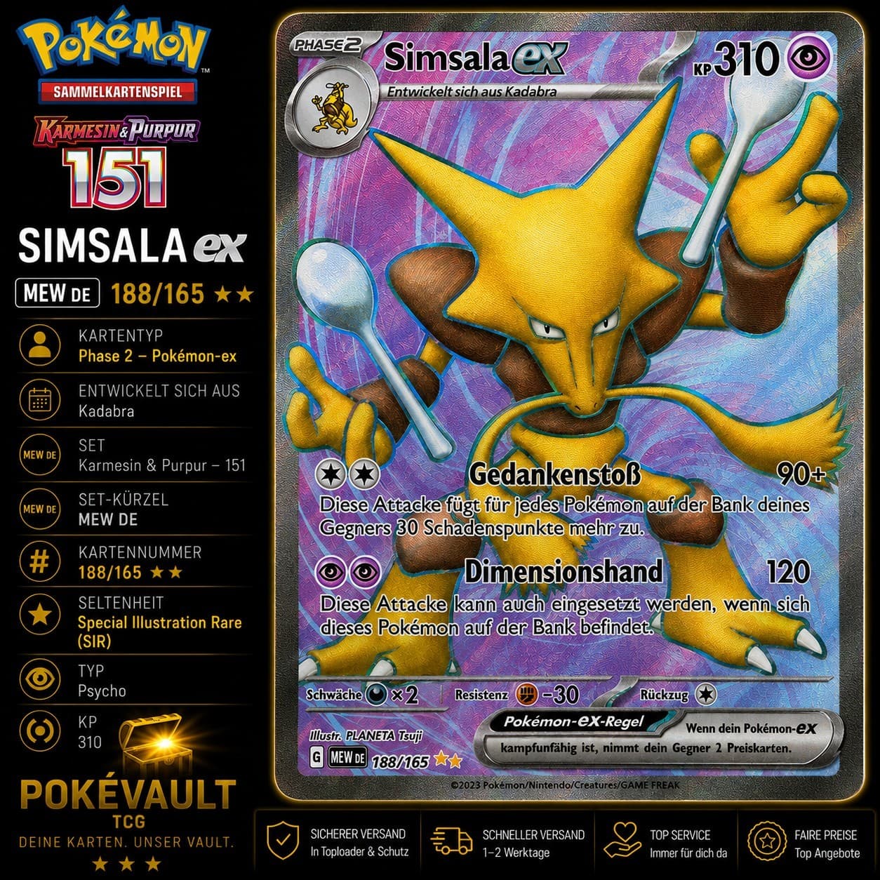 Pokémon TCG Simsala ex 188/165 | Karmesin & Purpur 151 SIR | Foil Deutsch
