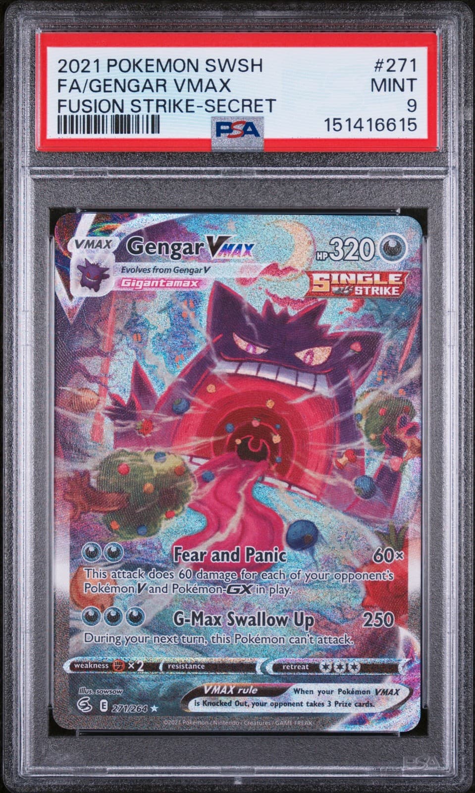 Pokemon Gengar Vmax Fusion Strike 271/264 Secret Rare Full Alt Art PSA 9 Mint