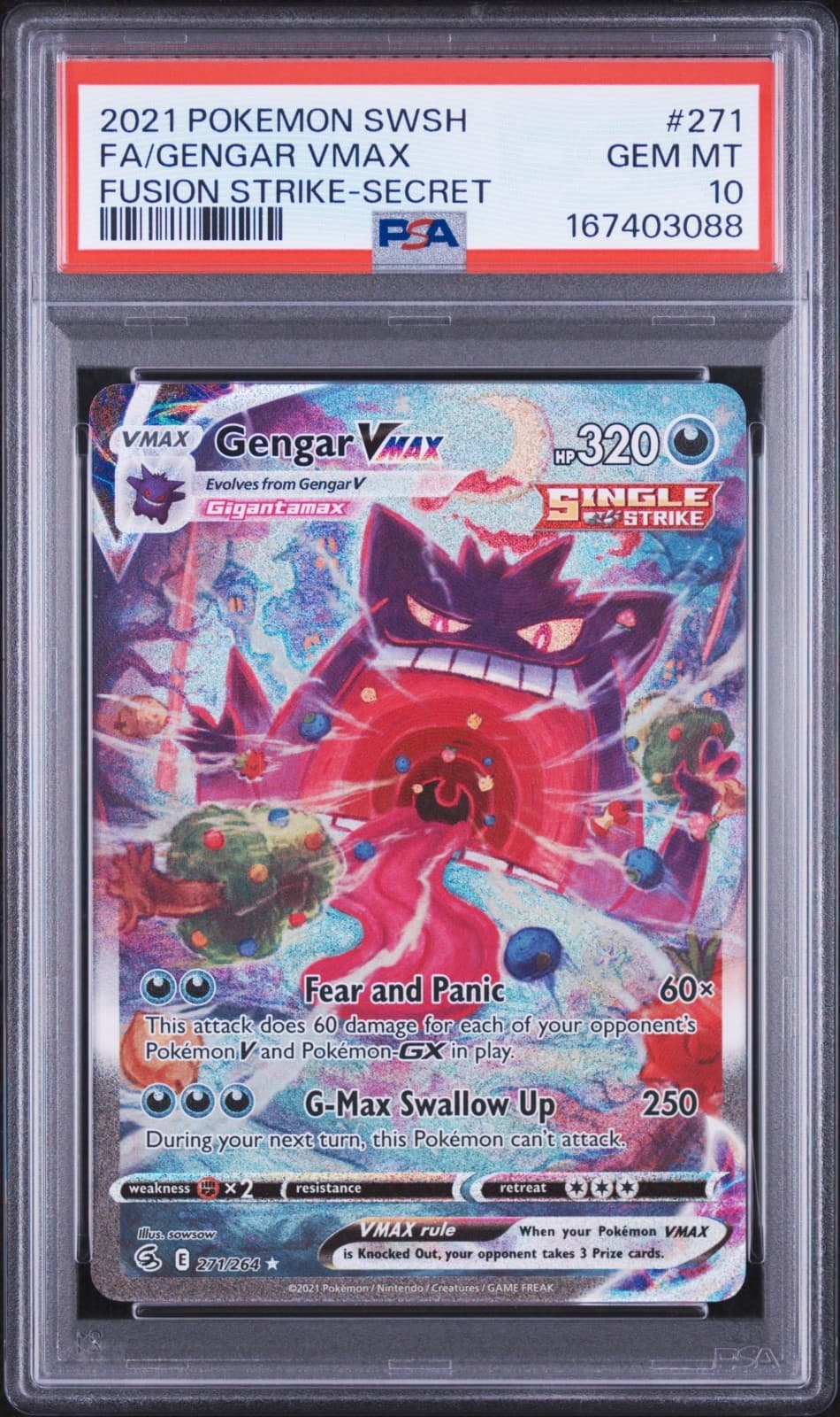 2021 POKEMON FUSION STRIKE GENGAR VMAX #271/264 ALT ART SECRET RARE PSA 10