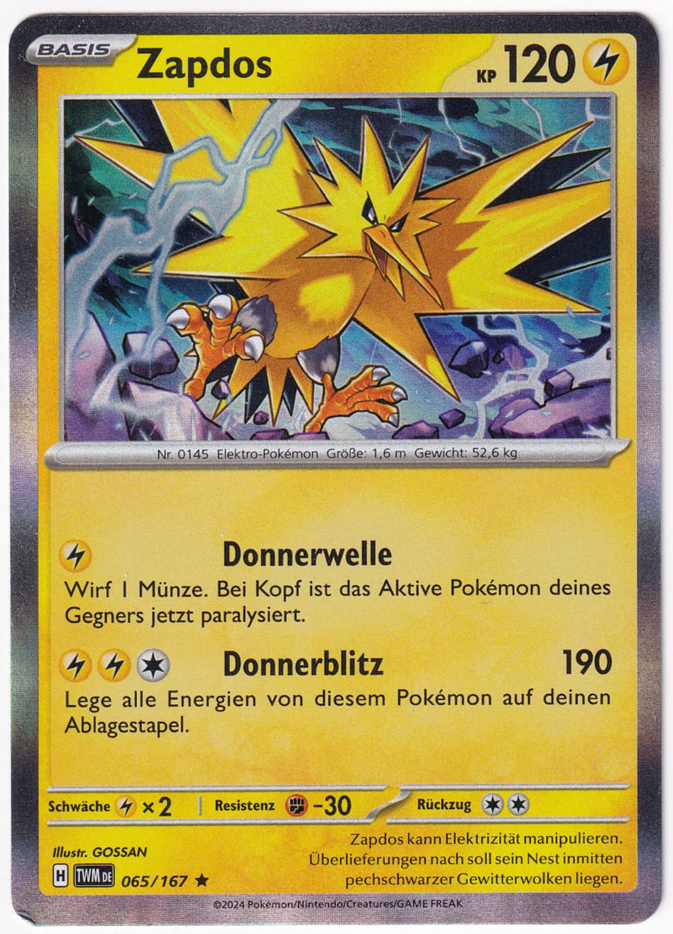 Pokemon Karte: Zapdos Holo 065/167 Maskerade im Zwielicht TWM Deutsch NM
