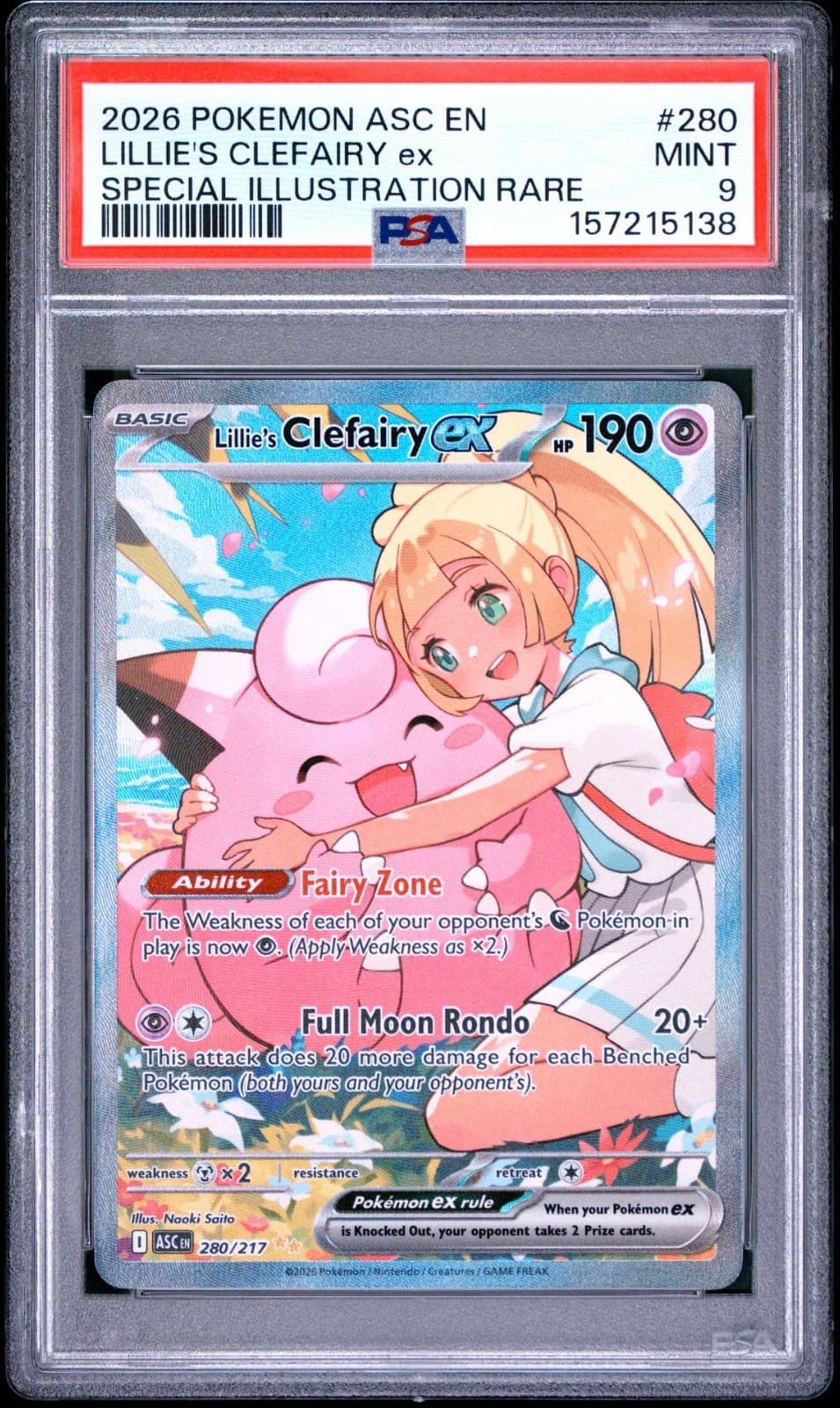 PSA 9 LILLIE'S CLEFAIRY EX 280/217 SIR ASCENDED HEROES POKEMON 😍