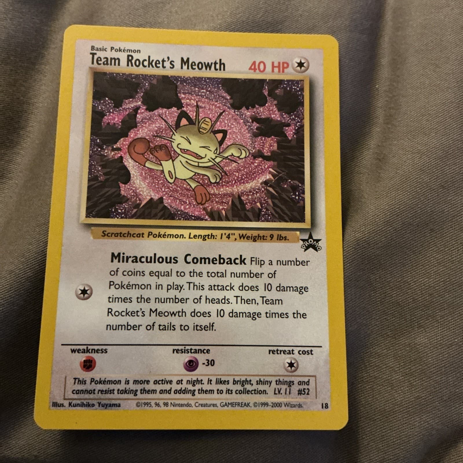 1999 Pokemon Wizards Black Star Promos Team Rocket's Meowth #18 NM