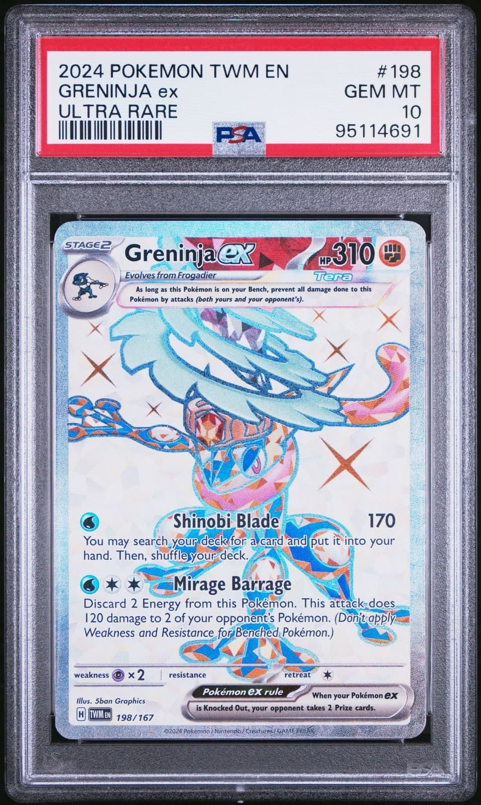 Pokemon, Twilight Masquerade, Greninja ex Ultra Rare Card #198/ 167 PSA 10