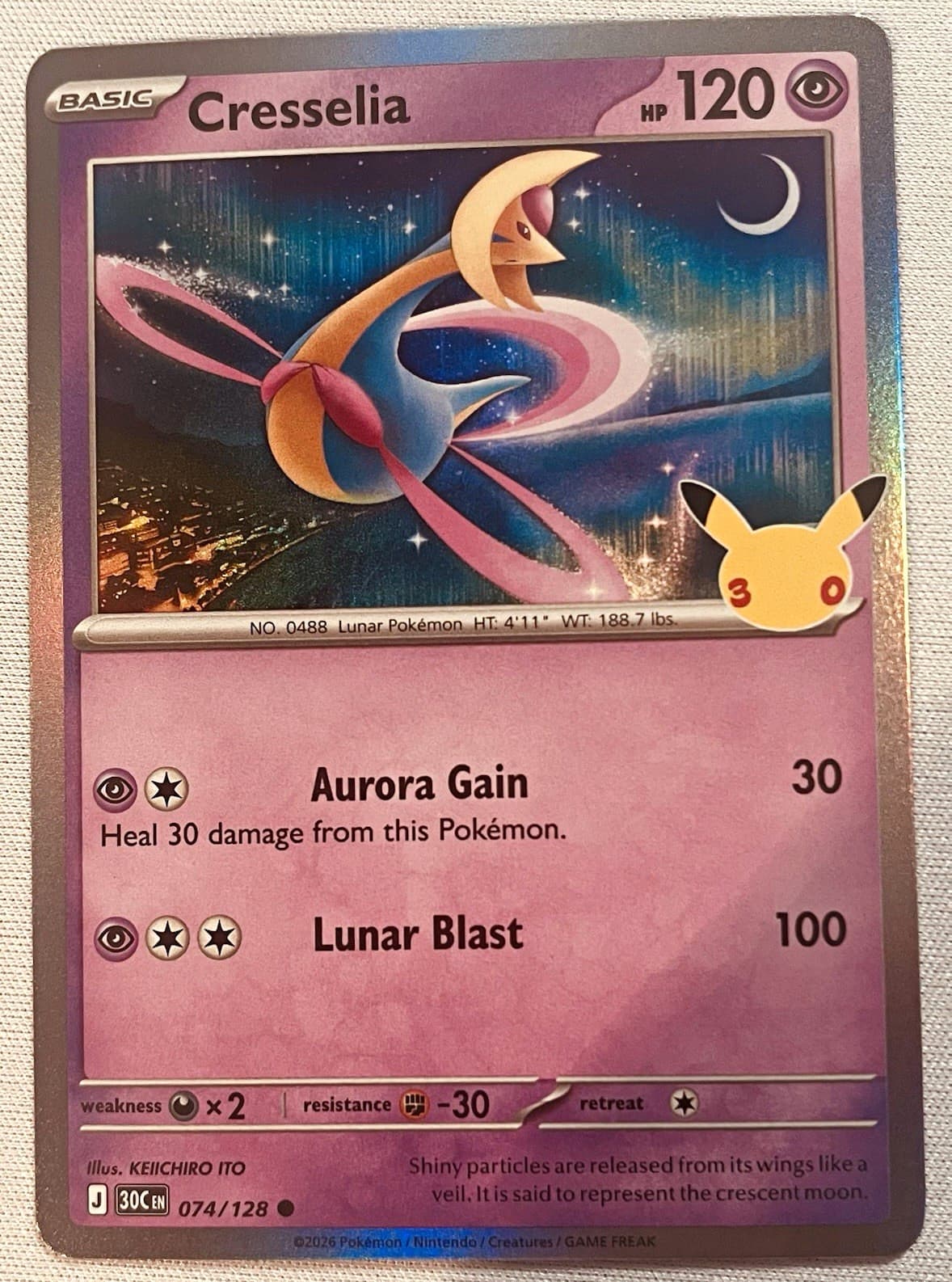 Cresselia 074/128 Holo Pokemon TCG 30th Celebration Pikachu Stamp