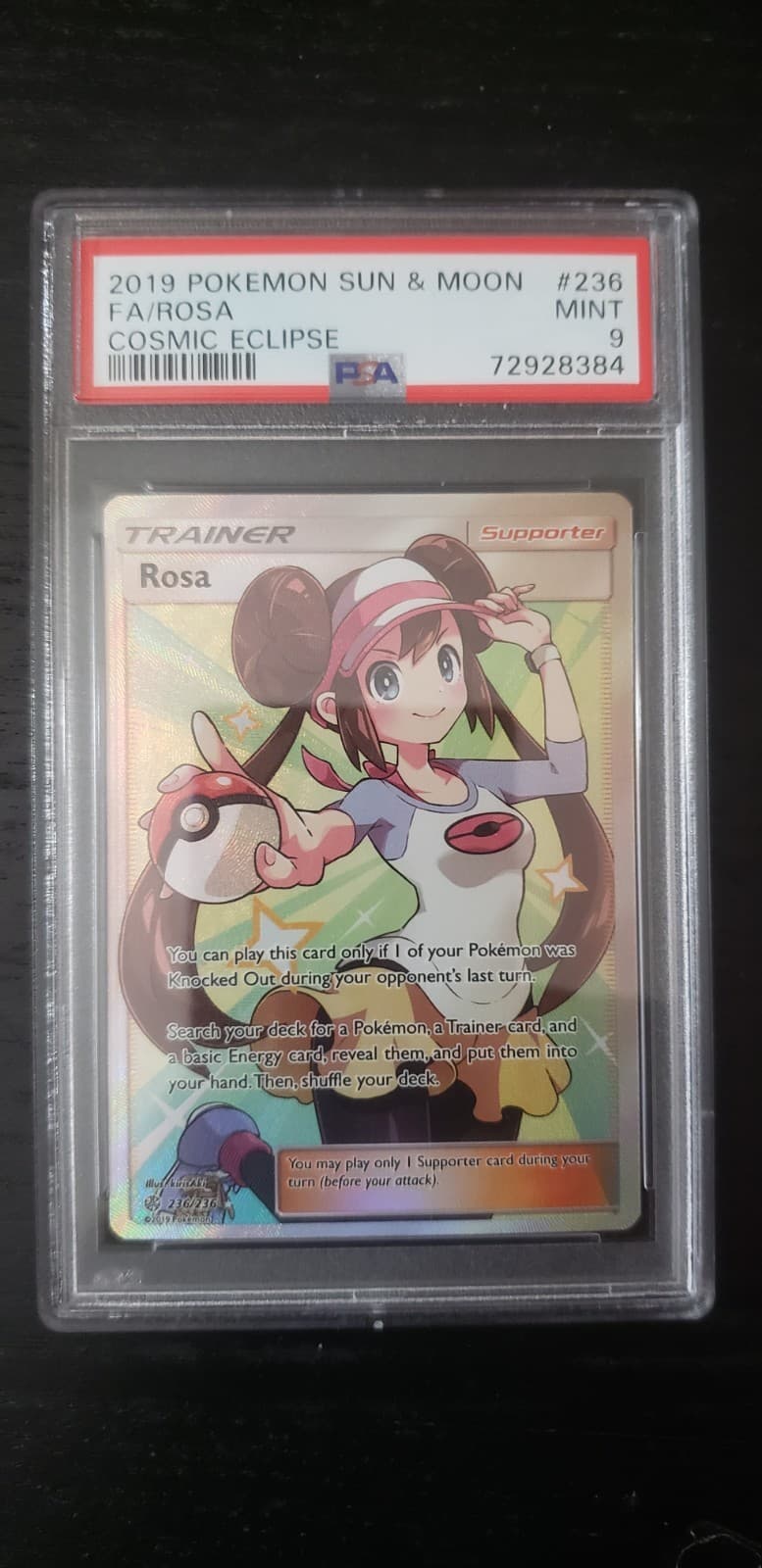 Pokémon TCG Rosa Full Art Holo Card Sm-Cosmic Eclipse 236/236 PSA 9