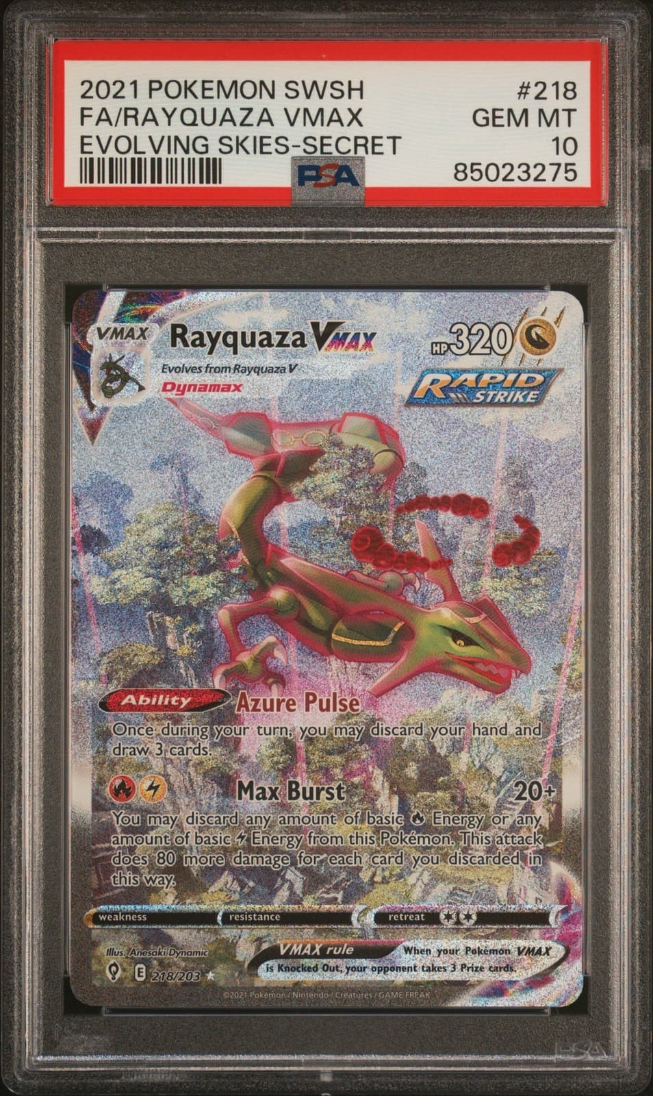 Pokemon Rayquaza VMAX Evolving Skies Secret Full Alt Art #218 PSA 10