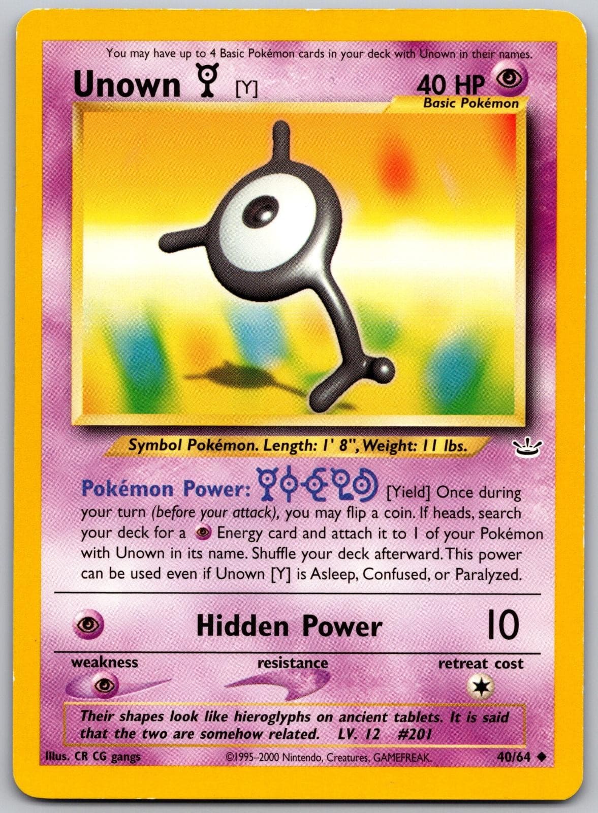 Unown [Y] 40/64 Uncommon Neo Revelation Pokemon Unlimited Lightly Played