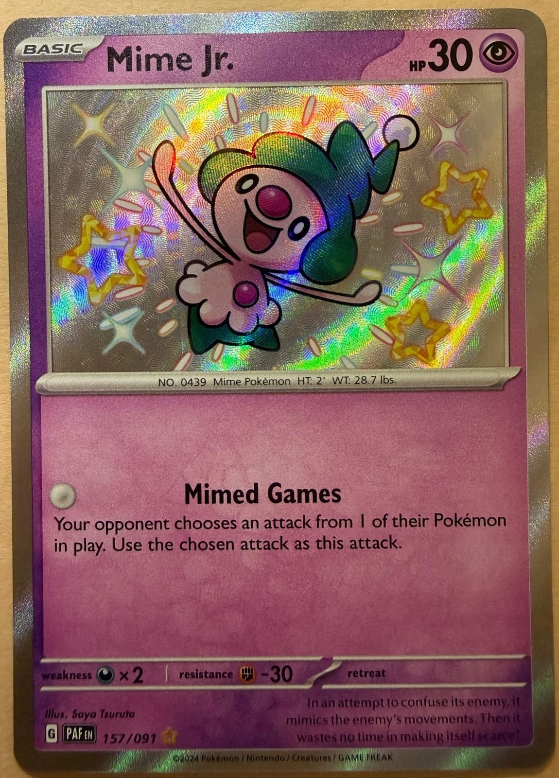 Mime Jr. 157/091 Shiny Rare SV: Paldean Fates Pokemon NM Holofoil