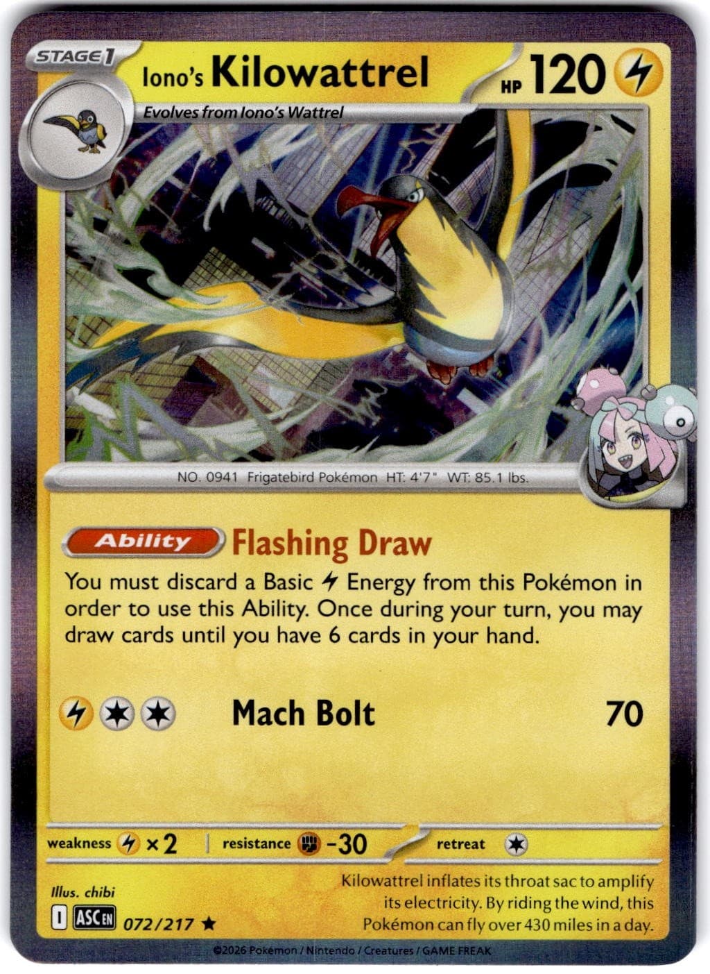 Pokemon Iono's Kilowattrel Ascended Heroes 72/217 Normal Holo Near Mint English
