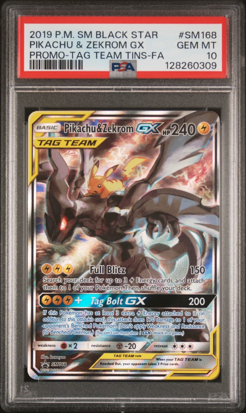 2019 POKEMON SM BLACK STAR PROMO #SM168 FULL ART/PIKACHU & ZEKROM GX PSA 10