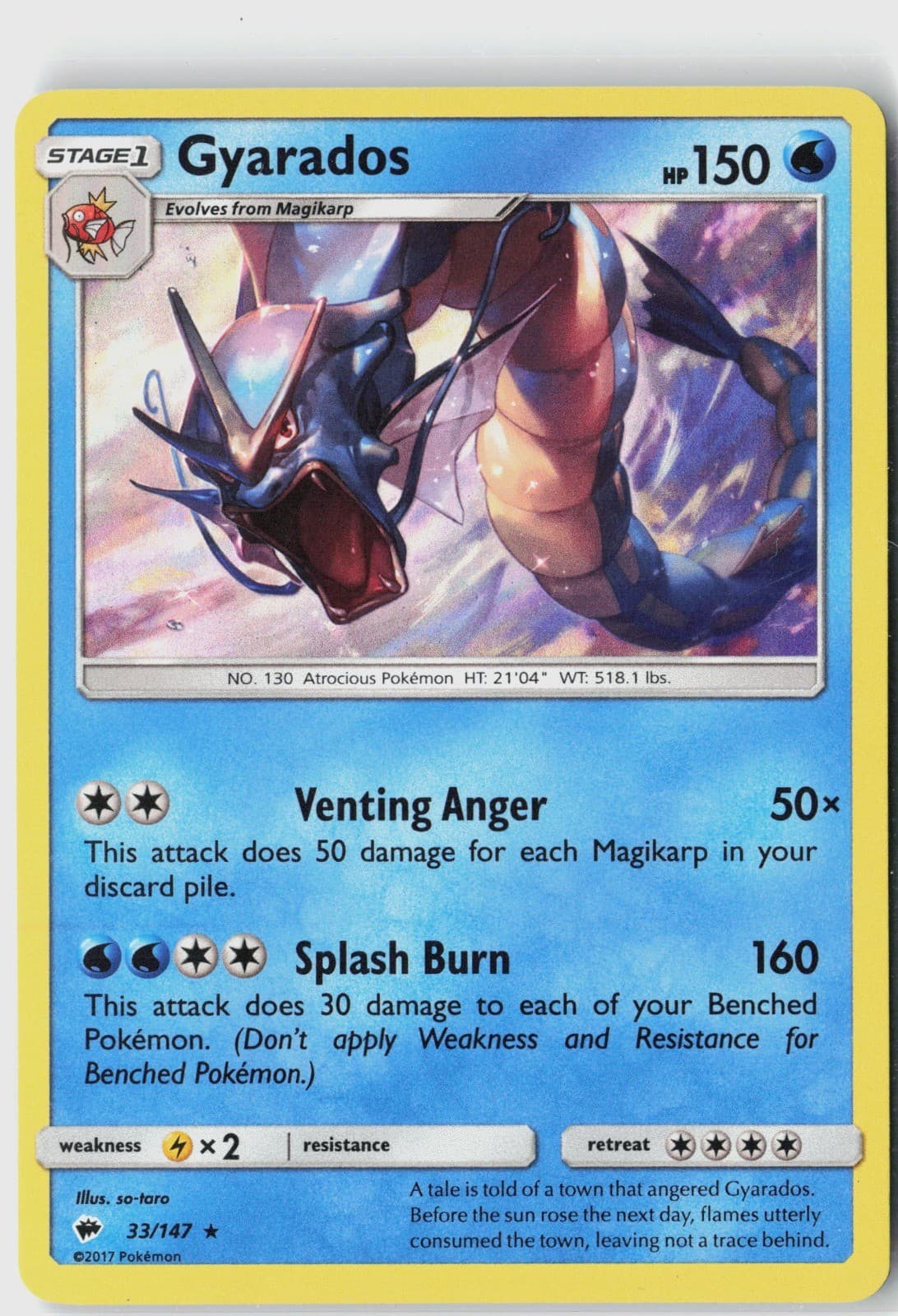 Pokemon TCG Gyarados Water Holo Rare SM - Burning Shadows 33/147 NM