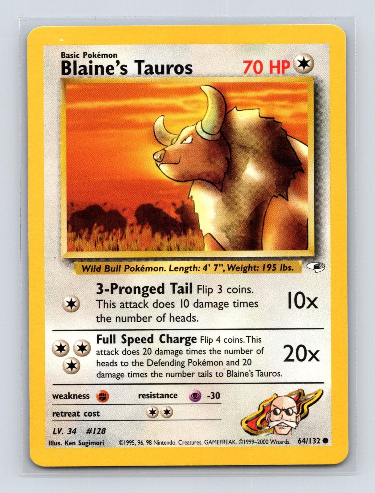 Blaine's Tauros 64/132 Gym Heroes Unlimited Common Lightly Played Pokemon