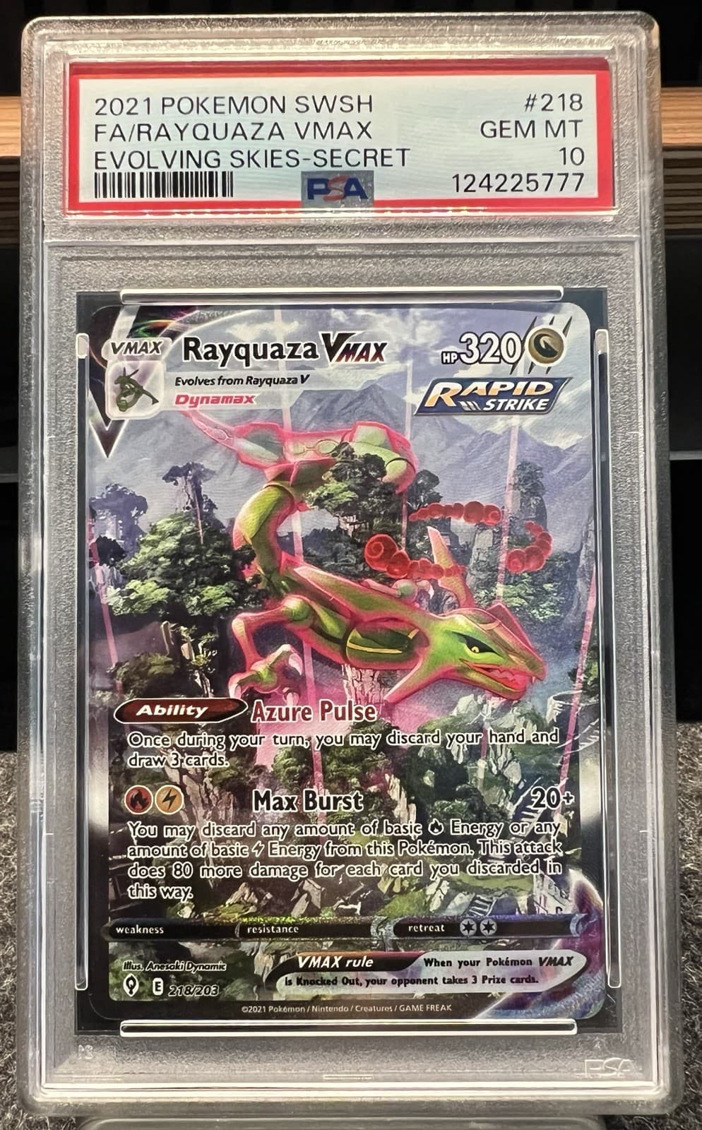 Pokemon 2021 Rayquaza VMAX 218/203 Evolving Skies Alt Art Secret Rare PSA 10