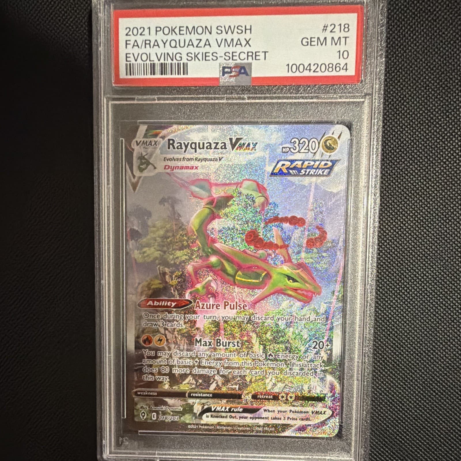 Pokemon 2021 Evolving Skies Rayquaza VMAX 218/203 Secret Alt Art Holo PSA 10