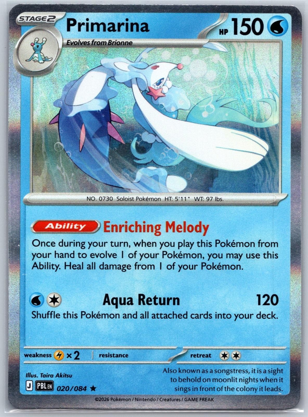Primarina 020/084 Rare Pitch Black Pokemon Holo Near Mint