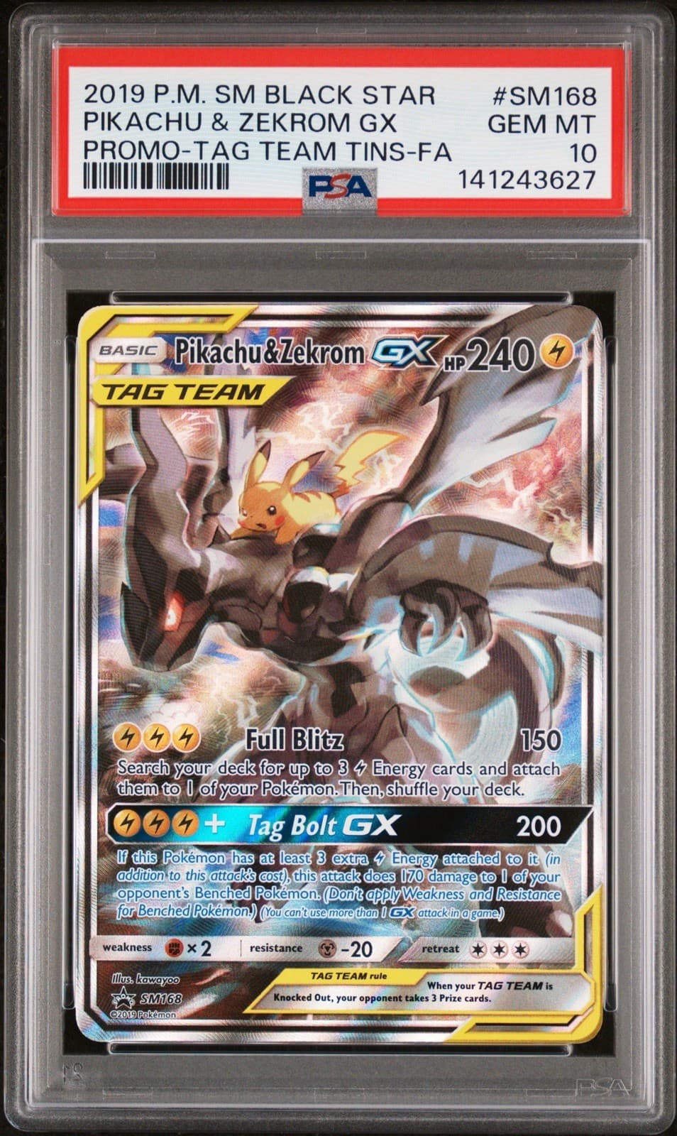 2019 POKEMON SM BLACK STAR PROMO #SM168 FULL ART/PIKACHU & ZEKROM GX PSA 10