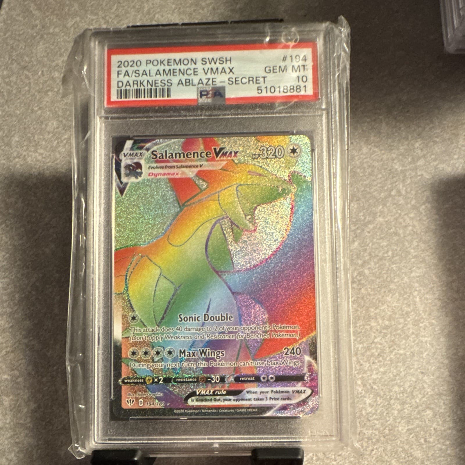 PSA 10 2020 Pokemon Darkness Ablaze Salamence VMAX 194/189 Secret Rare FA Holo