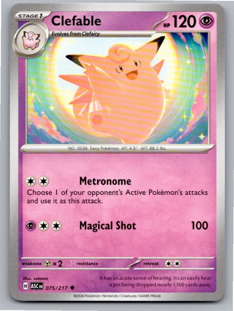 2026 POKEMON CLEFABLE ASCENDED HEROES 075/217 UNCOMMON NM A23201 FREE S&H