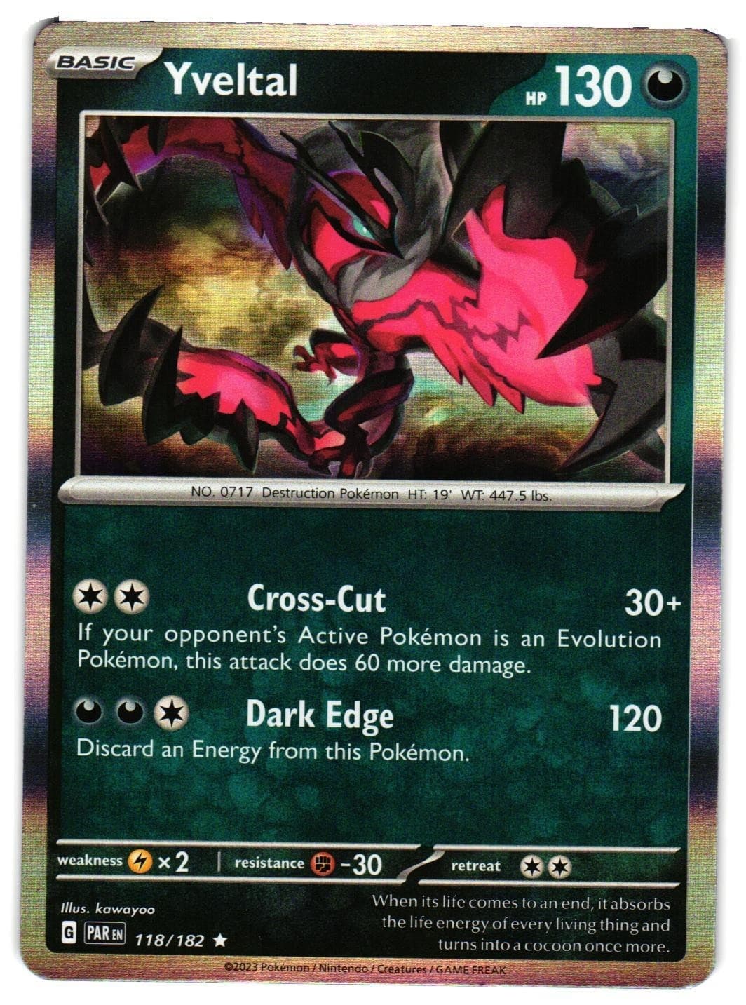 Pokemon TCG Yveltal 118/182 Rare Paradox Rift Holo NM