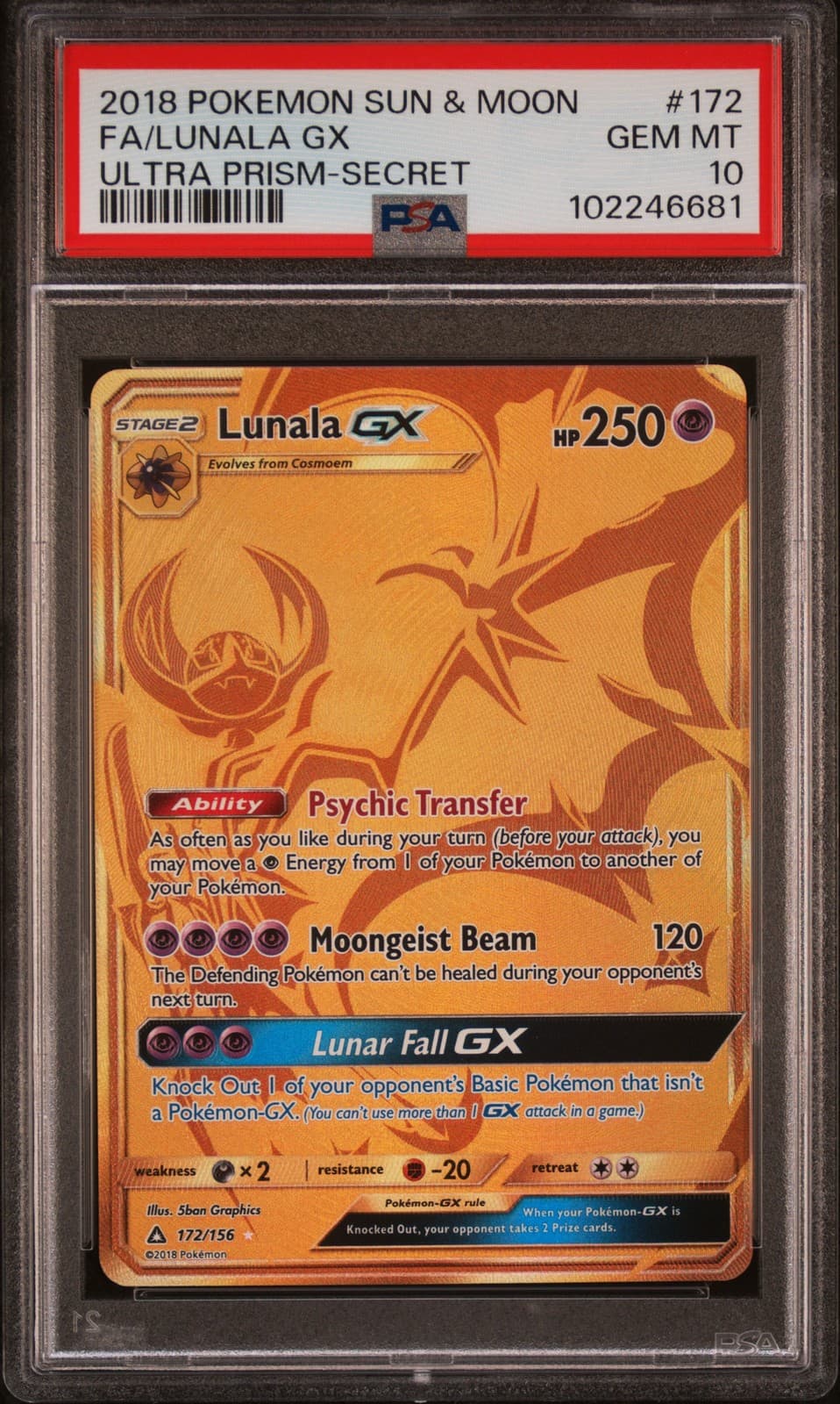 2018 POKEMON SUN & MOON ULTRA PRISM SECRET #172 FULL ART/LUNALA GX PSA 10