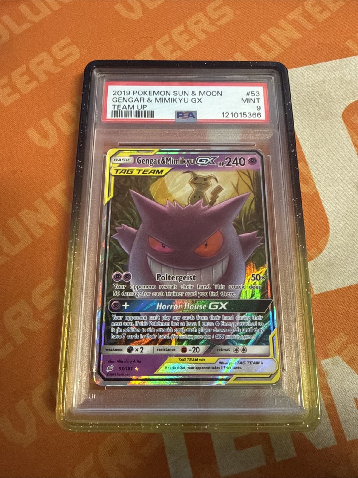 2019 Pokemon Team Up Gengar & Mimikyu GX #53/181 PSA 9 MINT Tag Team Holo