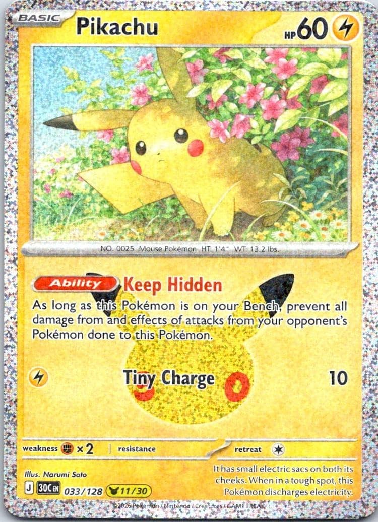 Pikachu 033/128 Holo Pikachu Rare ME: 30th Celebration Pokemon Near Mint