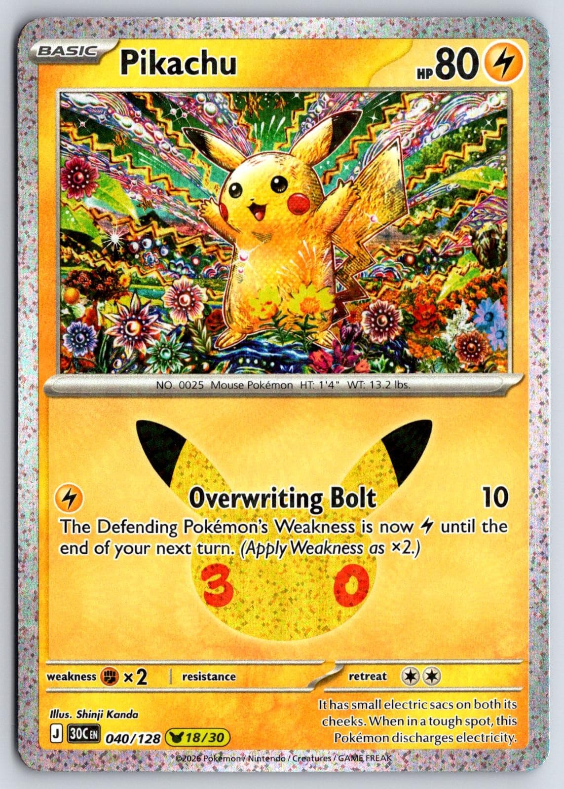 Pikachu 040/128 Holo Pikachu Rare ME: 30th Celebration Pokemon Near Mint