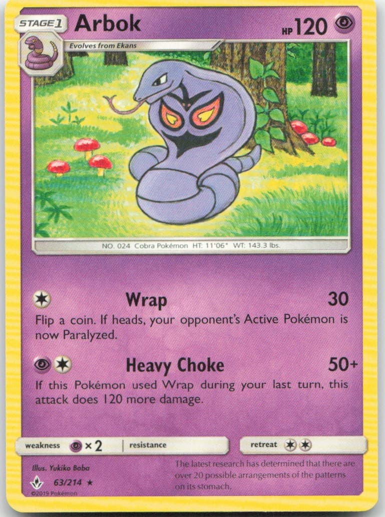 Arbok 63/214 Rare Unbroken Bonds Pokemon Moderately Played
