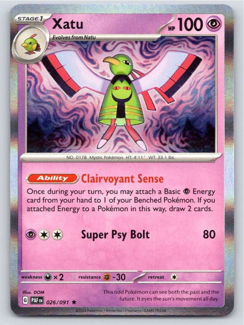 2024 POKEMON XATU PALDEAN FATES 026/091 HOLO RARE NM A47730 FREE S&H