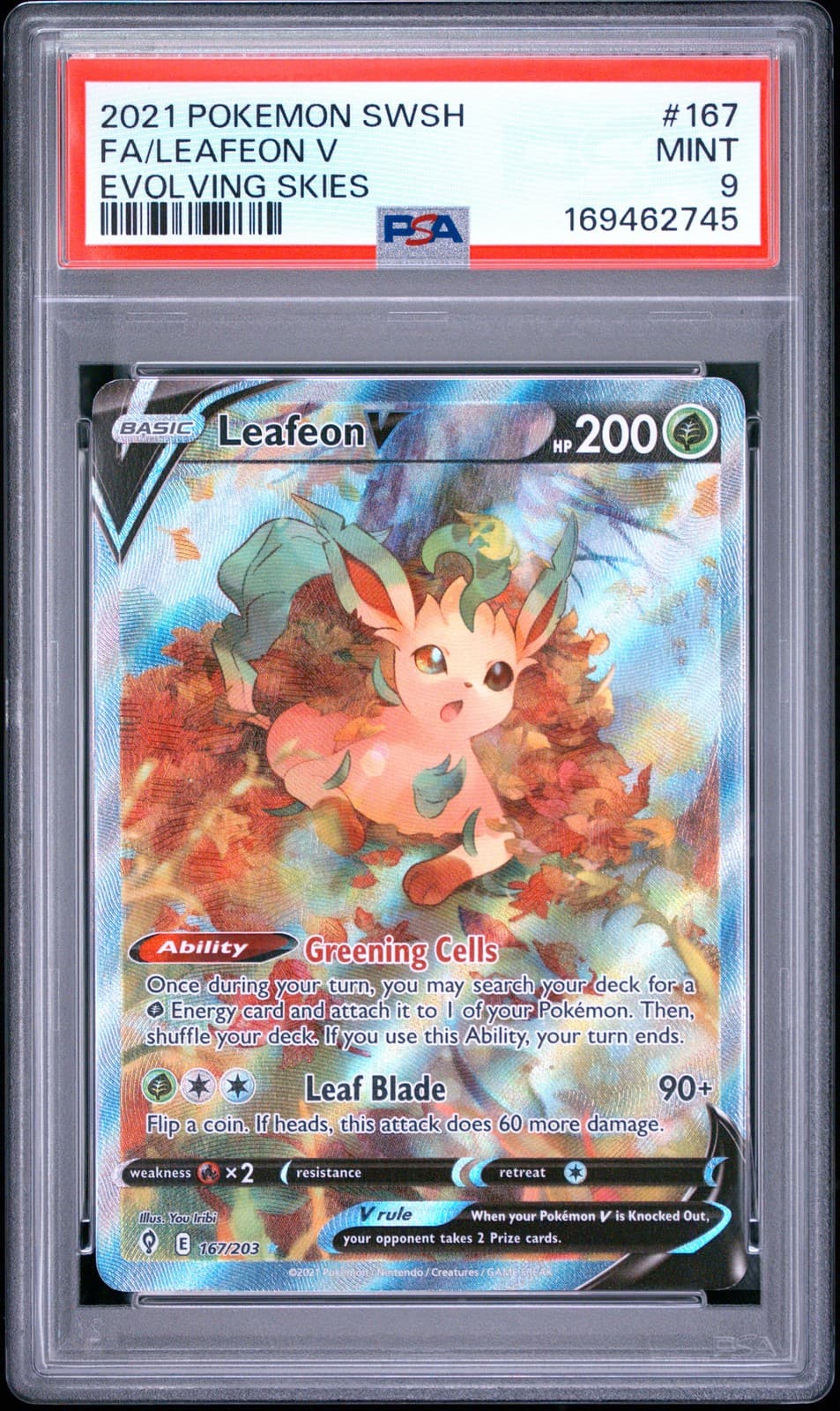 POKEMON LEAFEON V 167/203 ALT ART SWORD & SHIELD EVOLVING SKIES 2021 PSA 9 MINT
