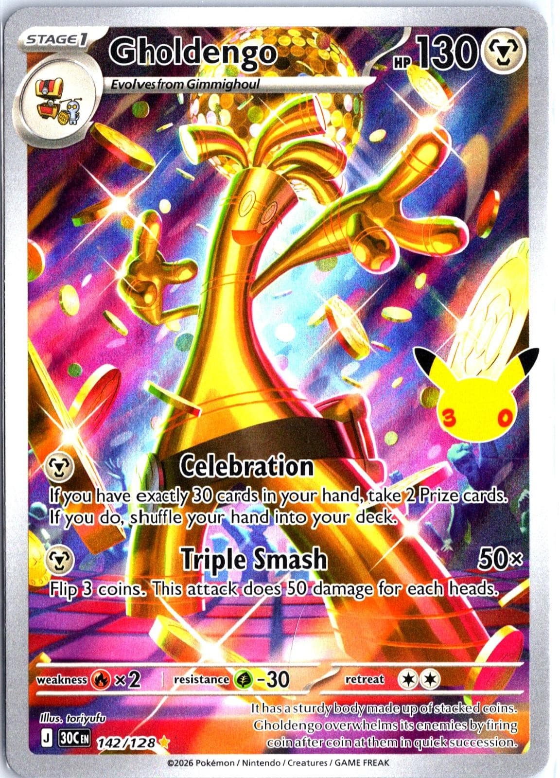 Gholdengo 142/128 Illustration Rare ME: 30th Celebration Pokemon Holo Near Mint