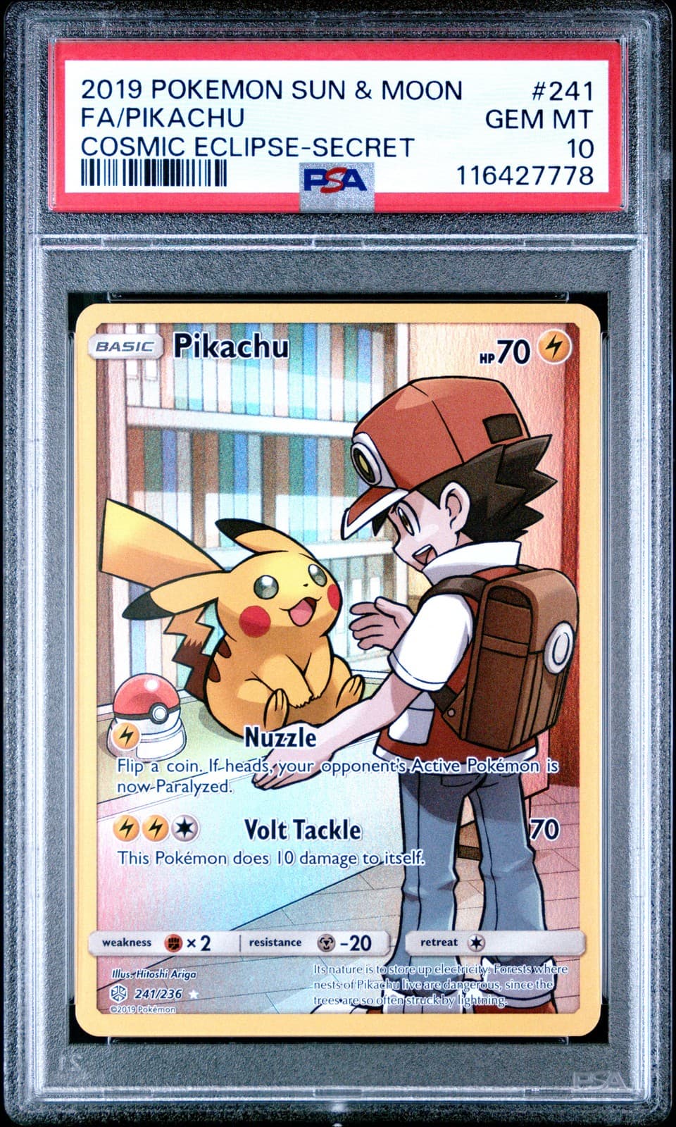 2019 POKEMON SUN & MOON COSMIC ECLIPSE SECRET #241 FULL ART/PIKACHU PSA 10