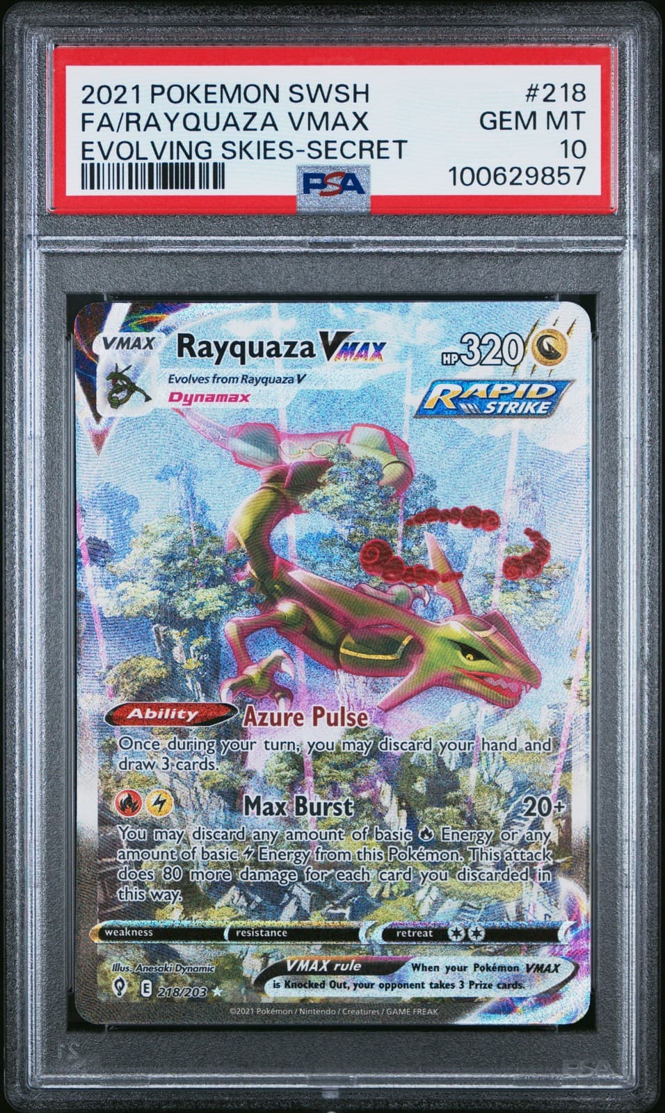 Rayquaza Vmax 218/203 Secret Evolving Skies Pokemon PSA 10