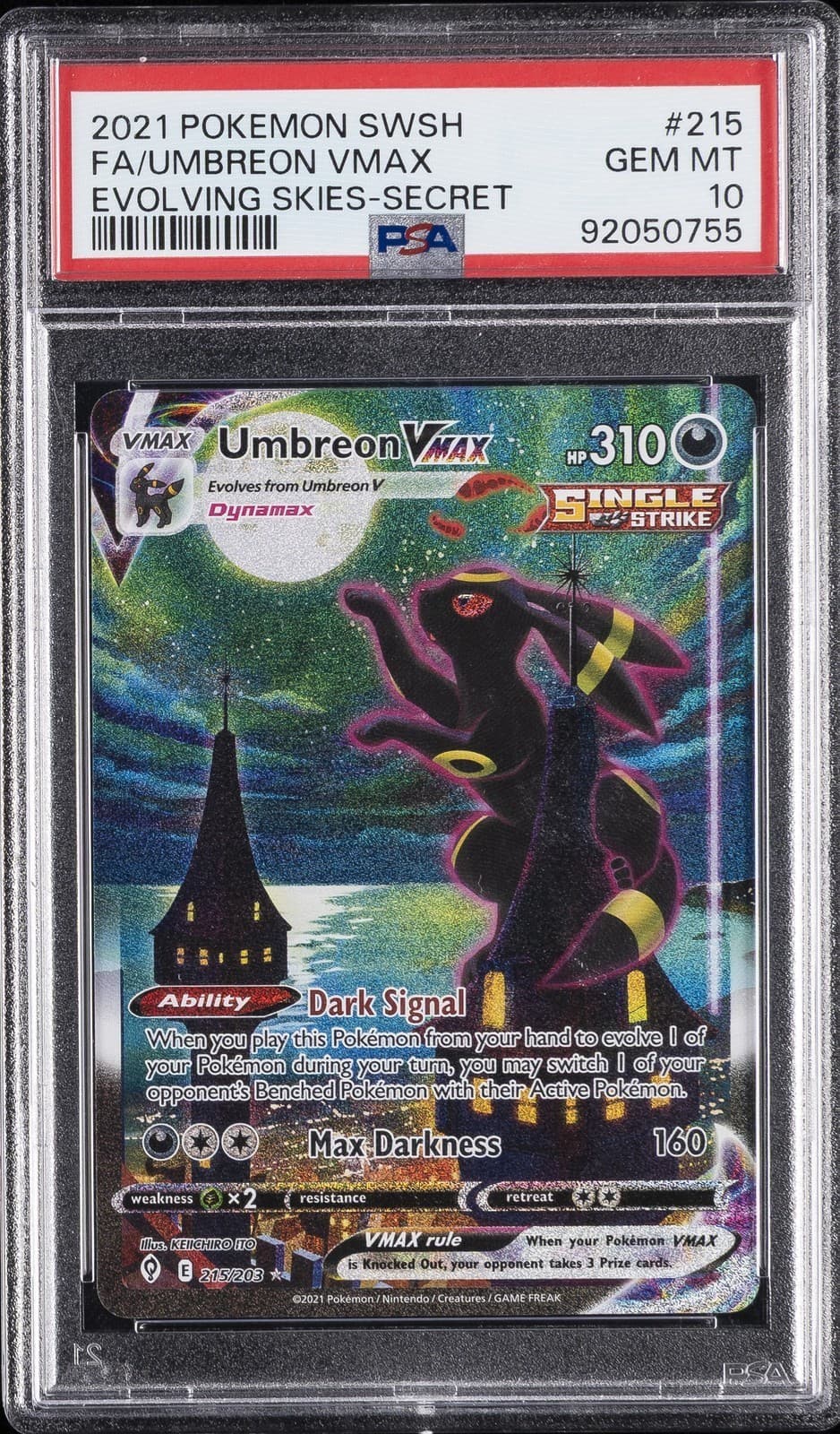 PSA 10 Umbreon VMAX 215/203 Alt Art Moonbreon Evolving Skies Secret Rare Pokemon