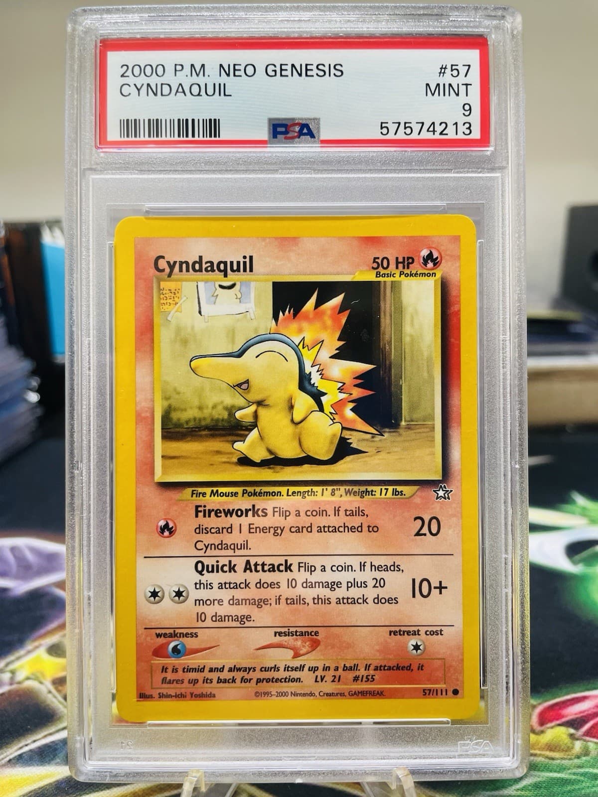 PSA 9 Cyndaquil 57/111 2000 Neo Genesis Common Pokemon Card
