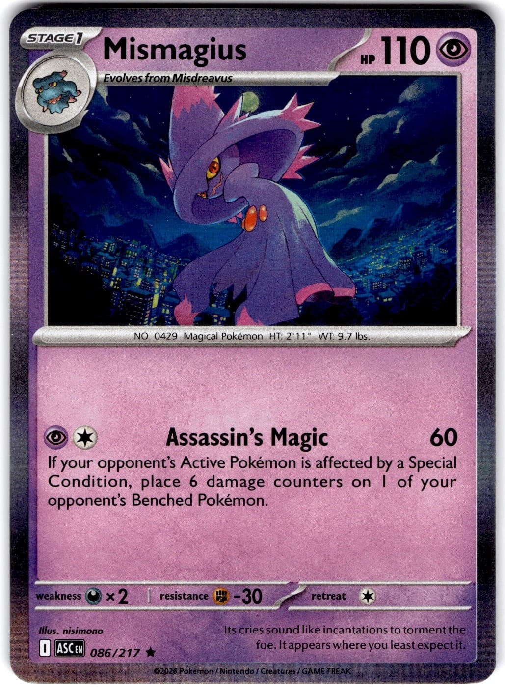 Pokemon Mismagius Ascended Heroes 86/217 Normal Holo Near Mint English