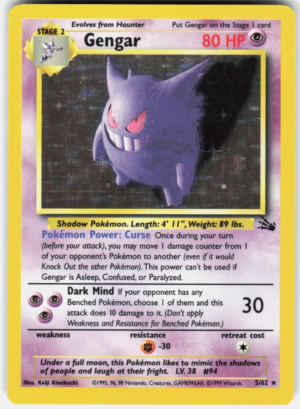 Pokemon Gengar 5/62 Rare Fossil Pokemon Unlimited Holo Near Mint D